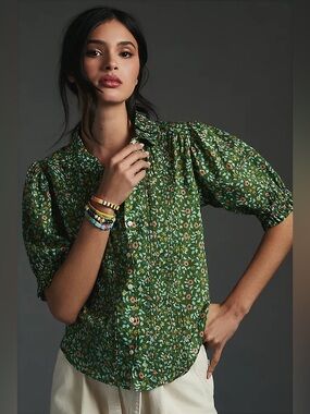 Trovata Green Floral Puff-Sleeve Button Front Blouse